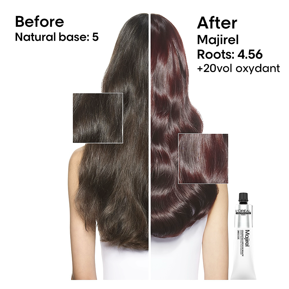 Before and after comparison of hair color treatment with Majirel product on a white background.
