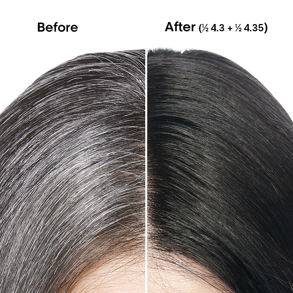 Before and after comparison of hair color with gray strands on the left and black hair on the right.
