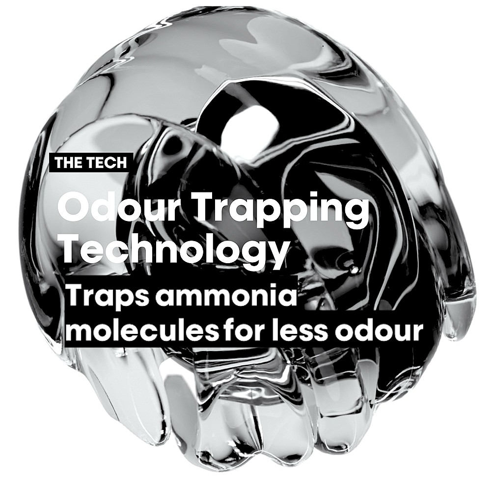 Silver and black spherical object with text about odour trapping technology on a white background