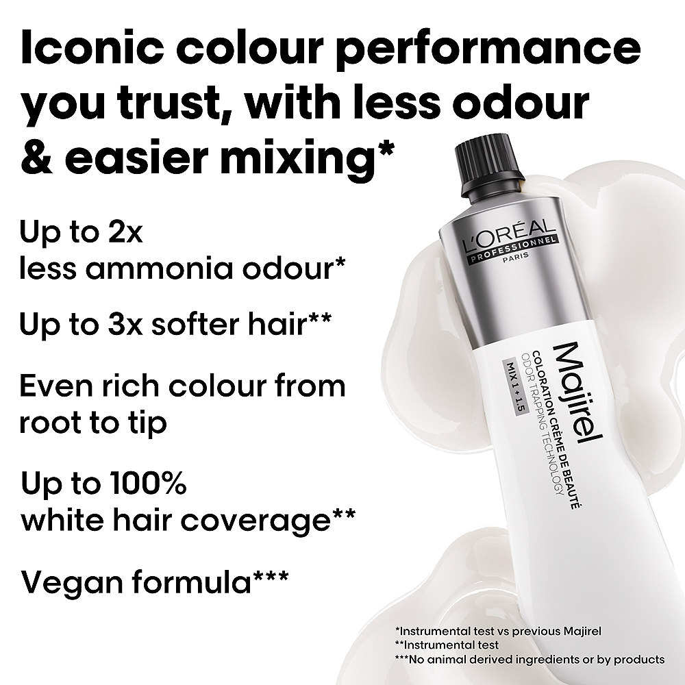 L'Oreal Majirel hair color bottle with text highlighting features on a white background