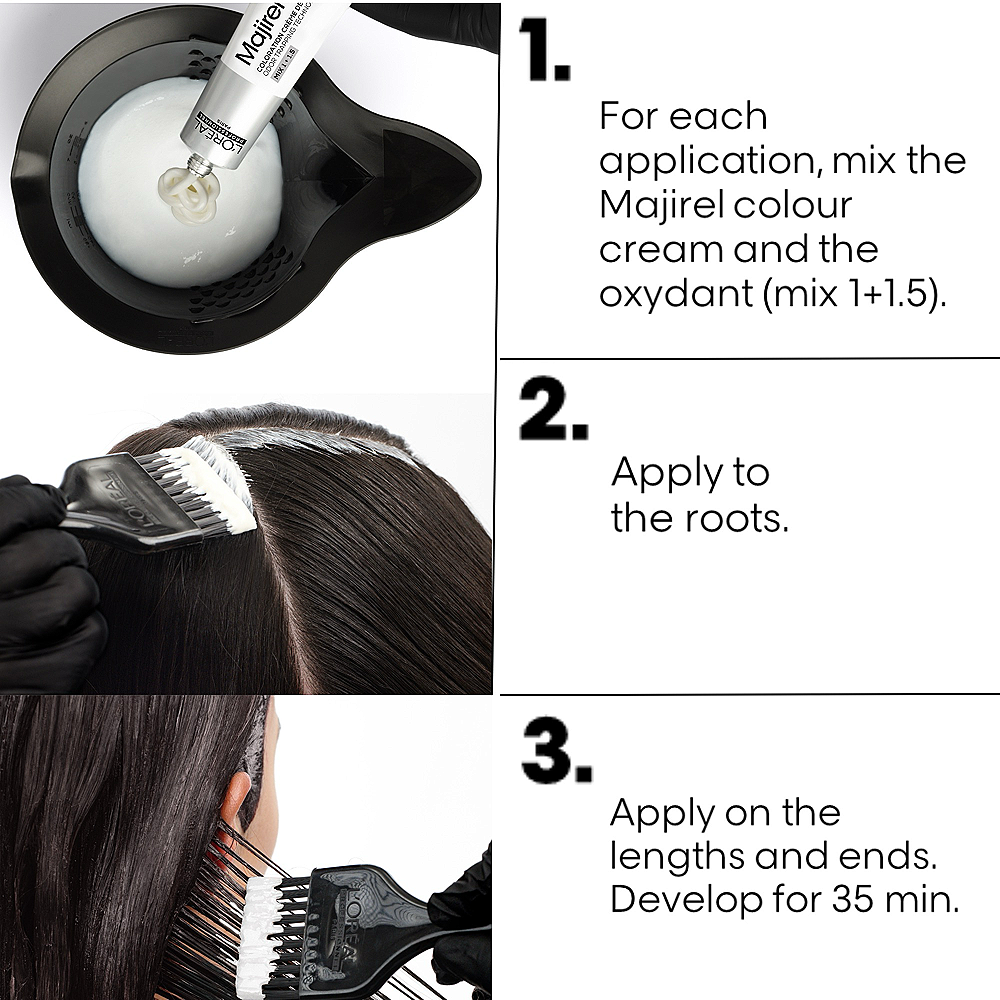 Hair colour application process with Majirel product and text instructions.