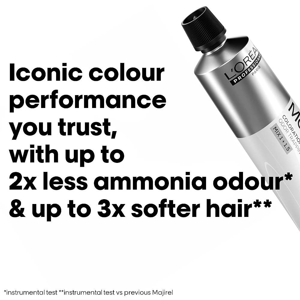 L'Oreal professional hair color bottle with text about color performance and ammonia reduction on a white background