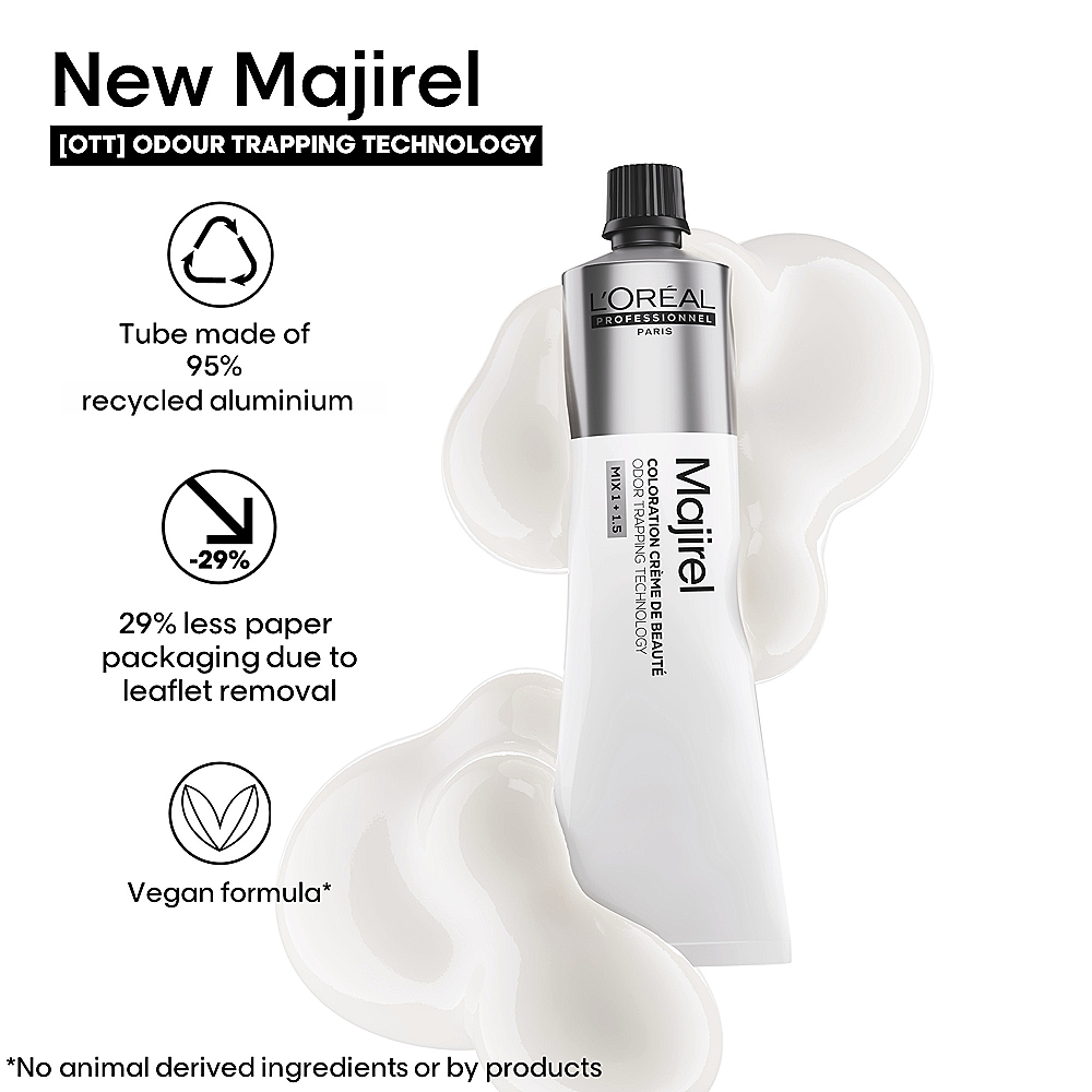 L'Oreal Majirel hair color tube with sustainability features on a white background